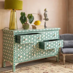 Jade Green Floral Bone Inlay Small Double Chest of Drawers