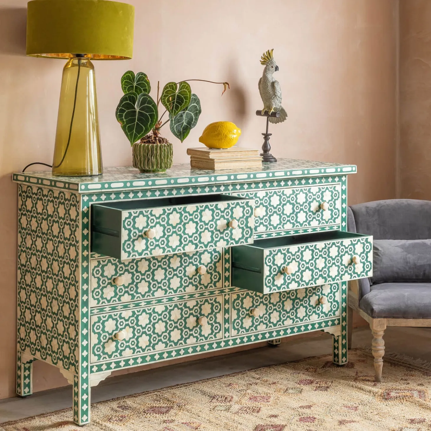 Jade Green Floral Bone Inlay Small Double Chest of Drawers