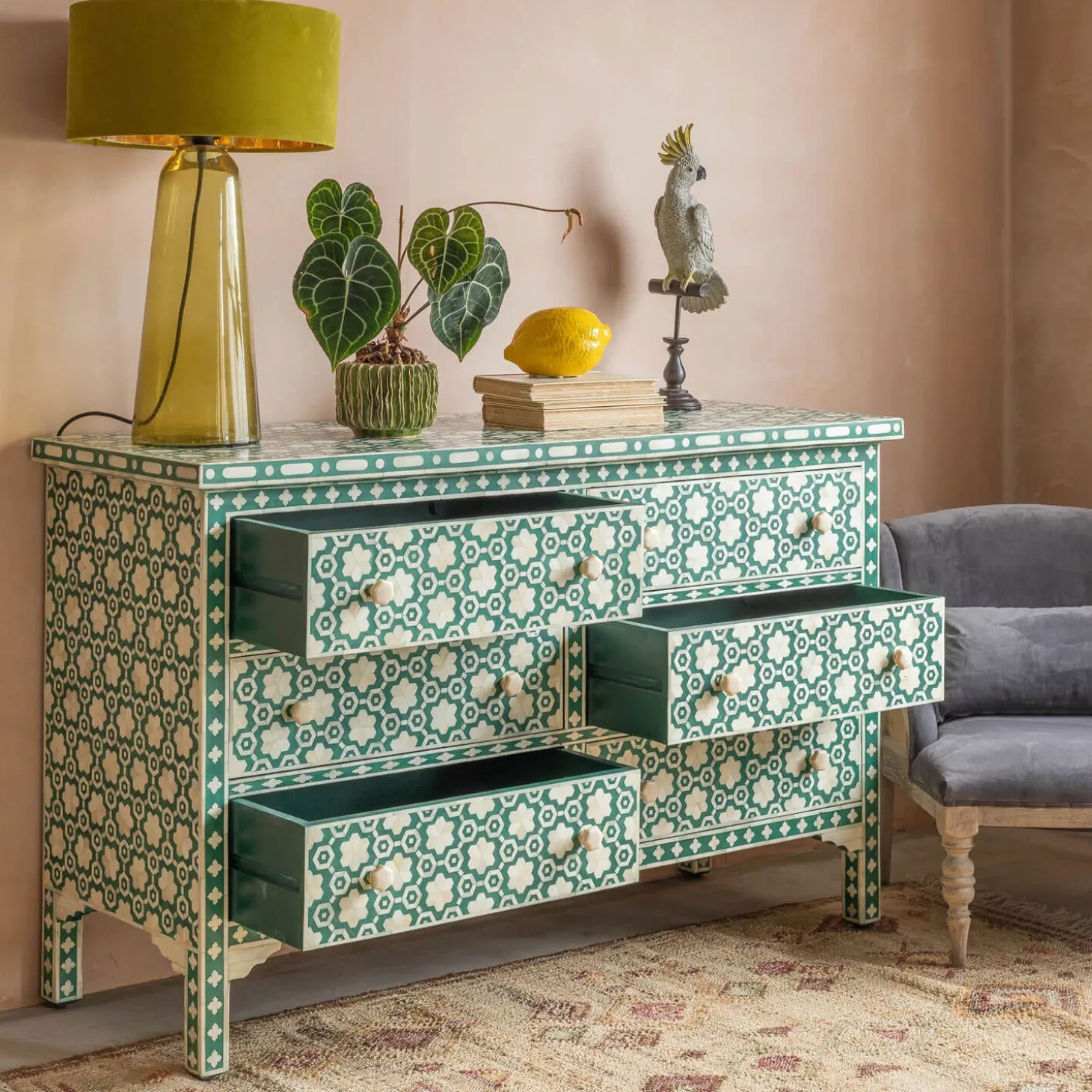 Jade Green Floral Bone Inlay Small Double Chest of Drawers