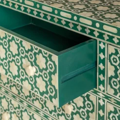 Jade Green Floral Bone Inlay Small Double Chest of Drawers