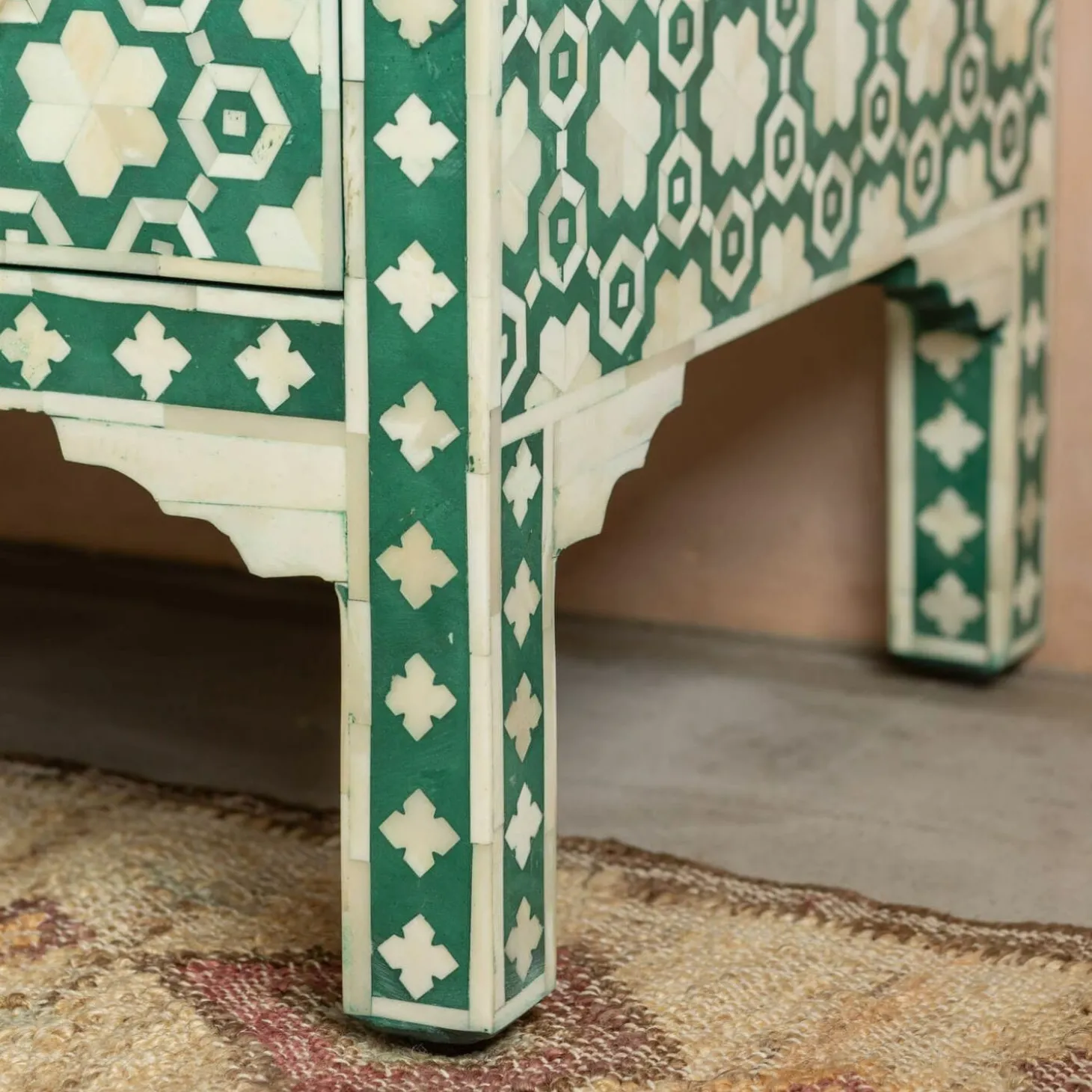Jade Green Floral Bone Inlay Small Double Chest of Drawers