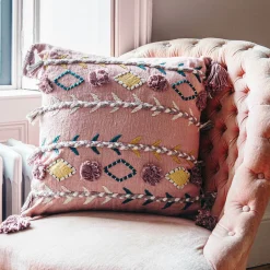 Jaz Three Stripe Square Cushion with Pom Poms