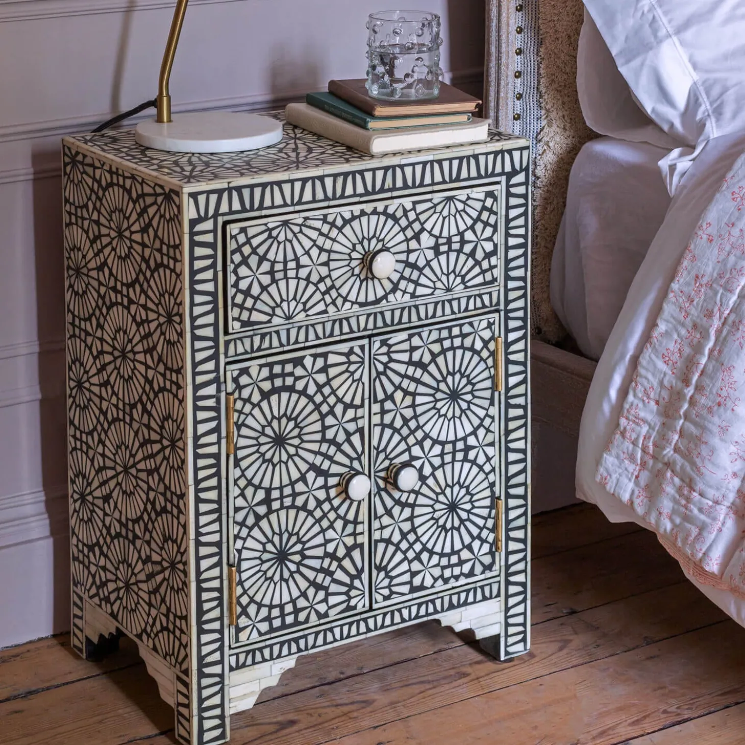 Kaleidoscope Bone Inlay Bedside Table