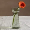 Large Etched Floral Green Glass Vase