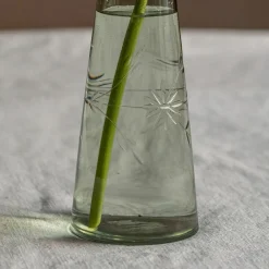 Large Etched Floral Green Glass Vase