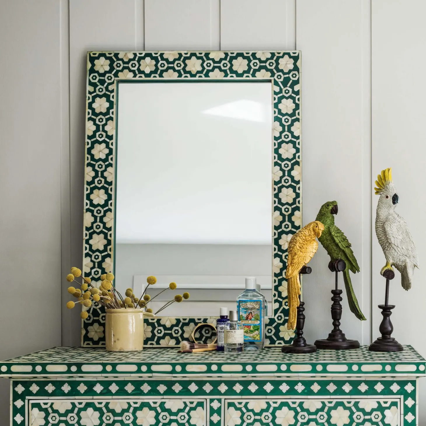 Large Jade Green Floral Bone Inlay Mirror