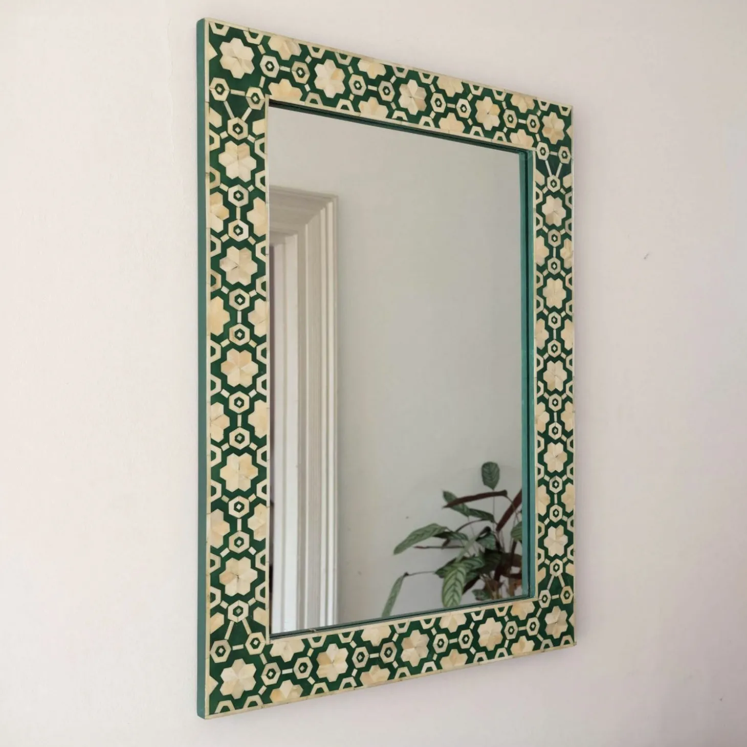 Large Jade Green Floral Bone Inlay Mirror