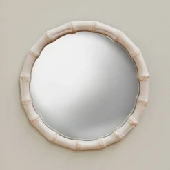 Large White Bamboo Convex Mirror