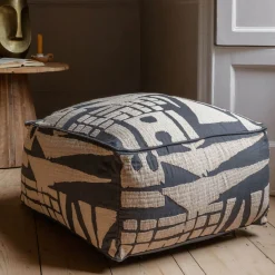 Lilou Abstract Navy Linen Pouffe
