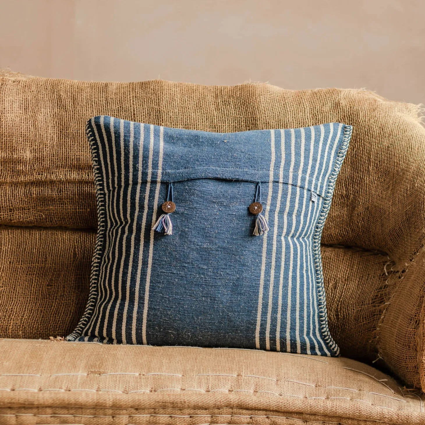 Marina Blue and White Striped Square Cushion
