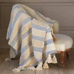 Misty Blue and White Striped Throw