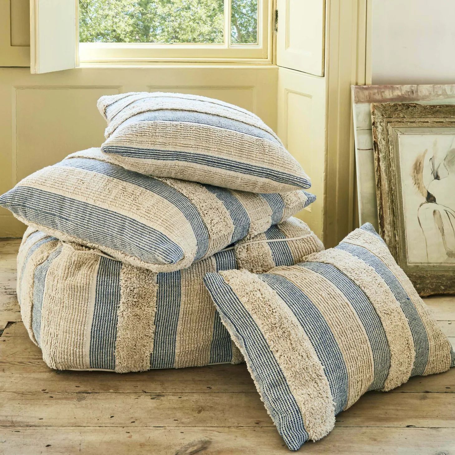 Misty Square Blue and White Striped Cushion