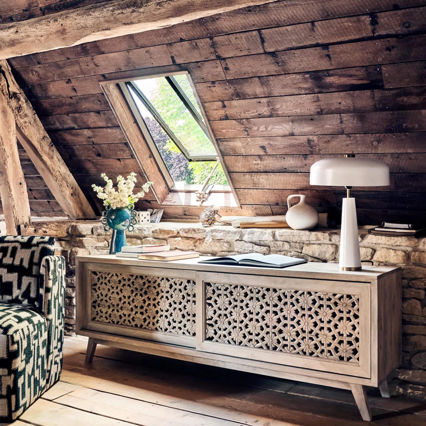 Momoka Hand-Carved Sideboard with Sliding Doors