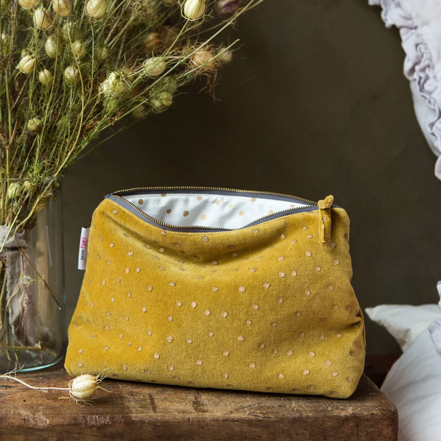 Mustard Dotty Velvet Wash Bags