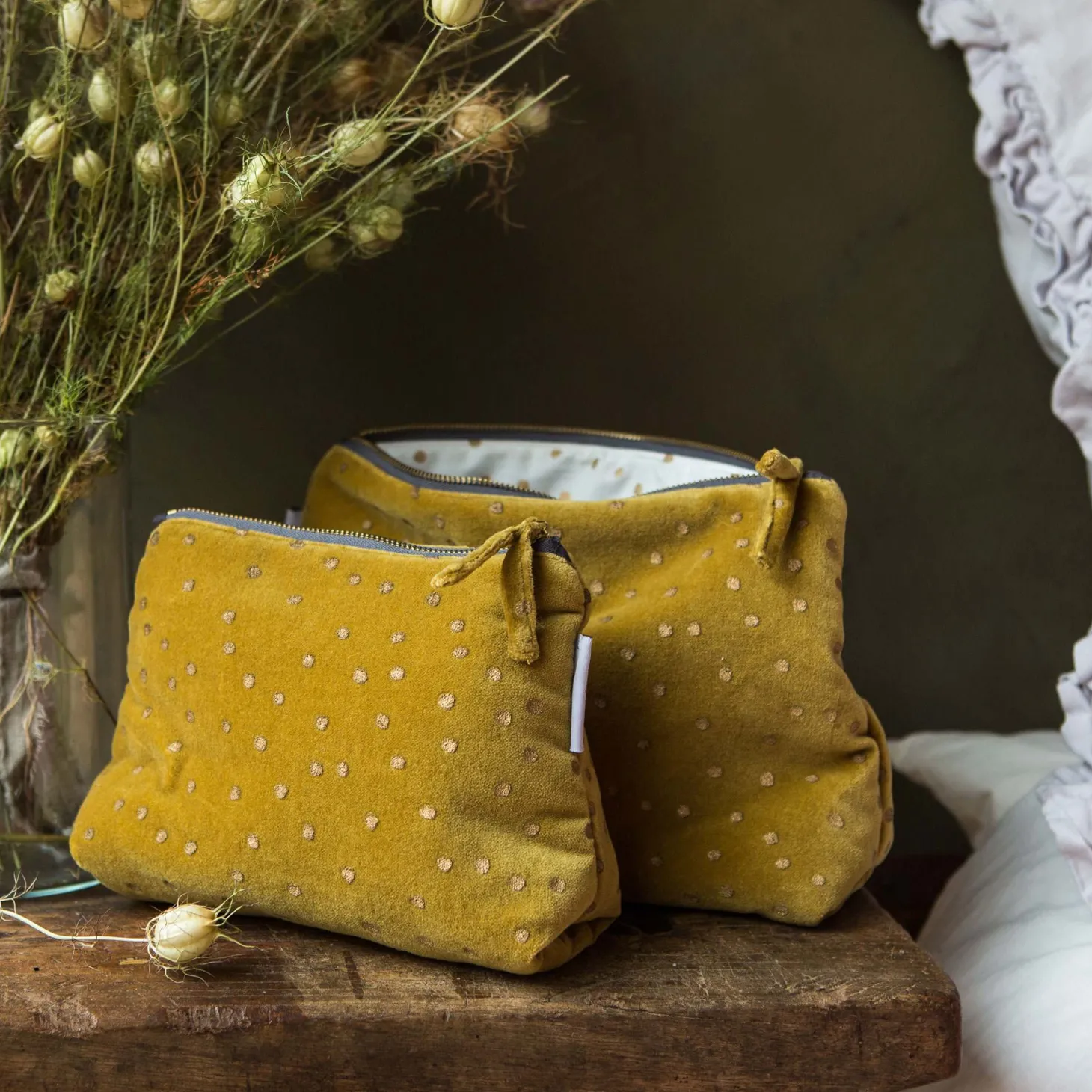 Mustard Dotty Velvet Wash Bags