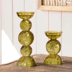 Olive Bubble Glass Candle Holders
