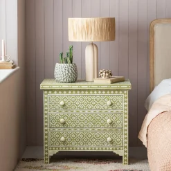 Olive Floral Bone Inlay Large Bedside Table