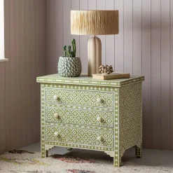 Olive Floral Bone Inlay Large Bedside Table