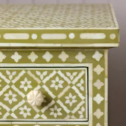 Olive Floral Bone Inlay Large Bedside Table