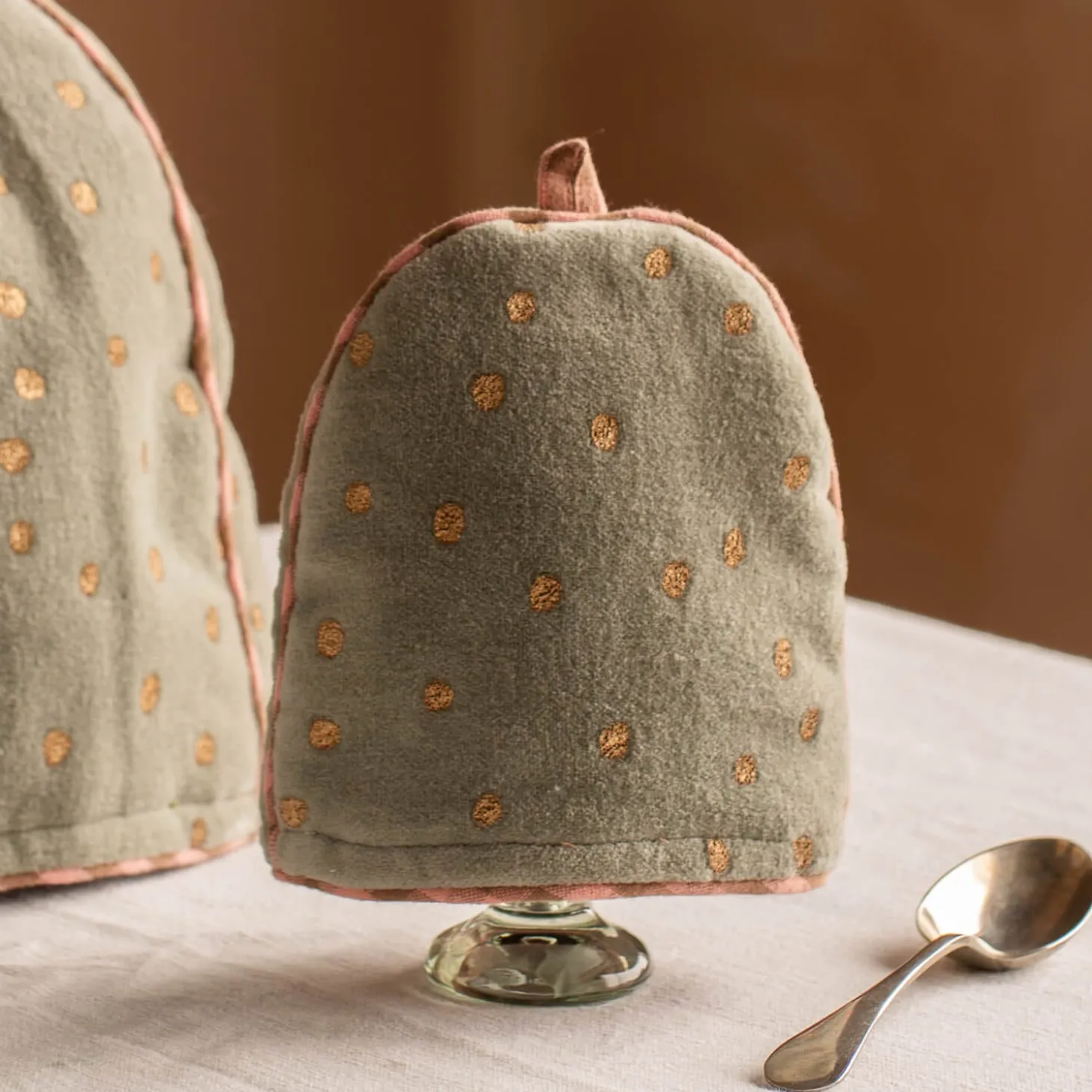 Pale Sage Velvet with Gold Dots Egg Cosy