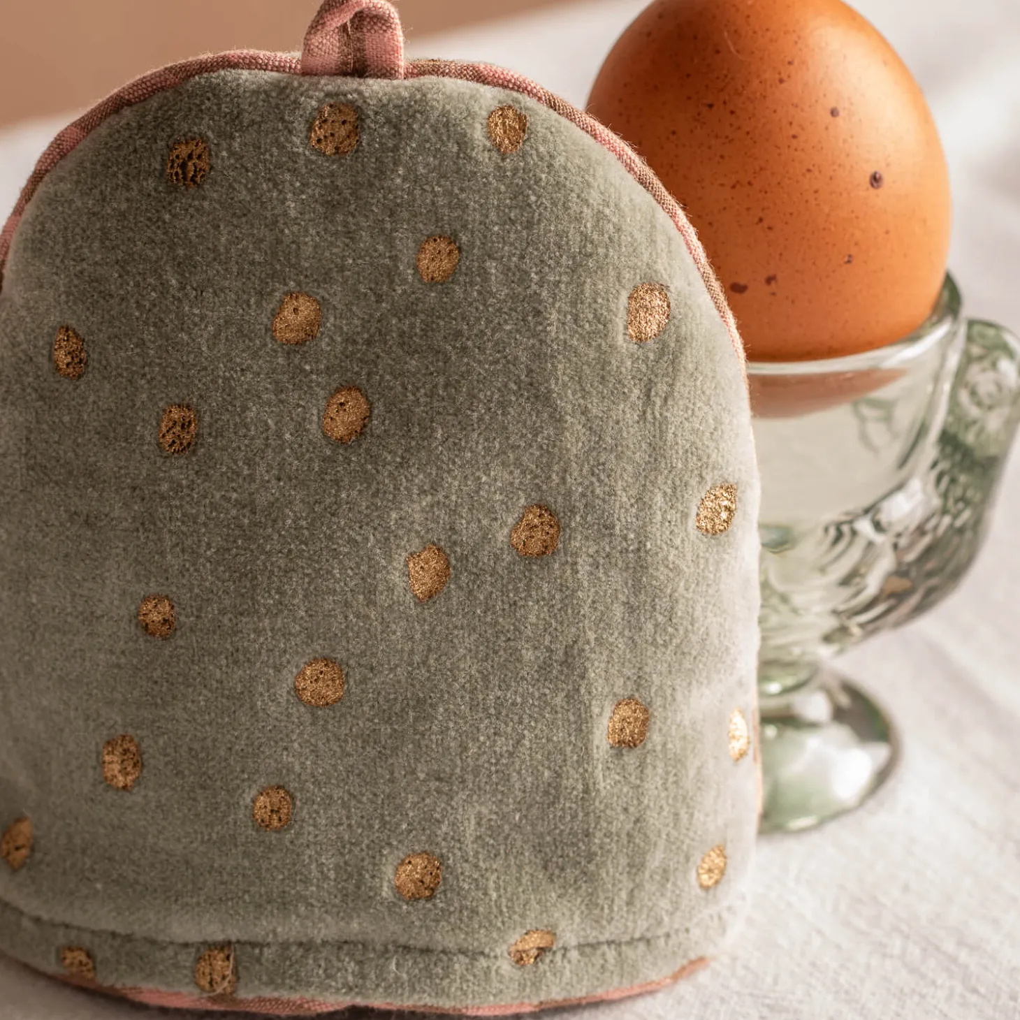 Pale Sage Velvet with Gold Dots Egg Cosy