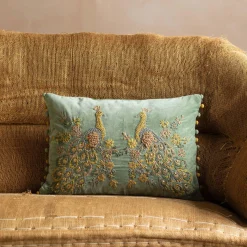 Peacock Embroidered Velvet Rectangular Cushion