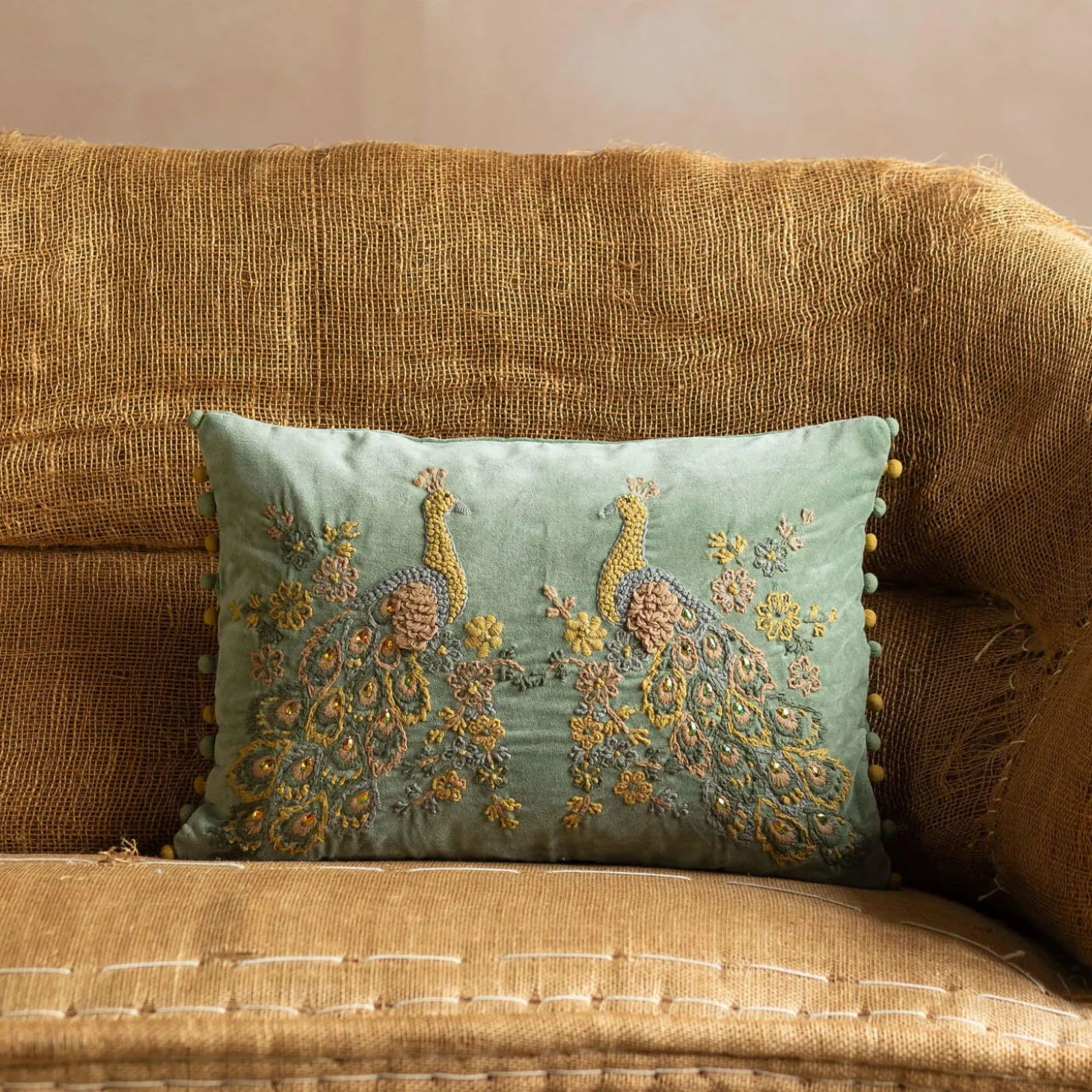Peacock Embroidered Velvet Rectangular Cushion