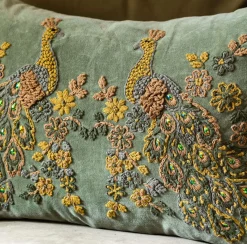 Peacock Embroidered Velvet Rectangular Cushion