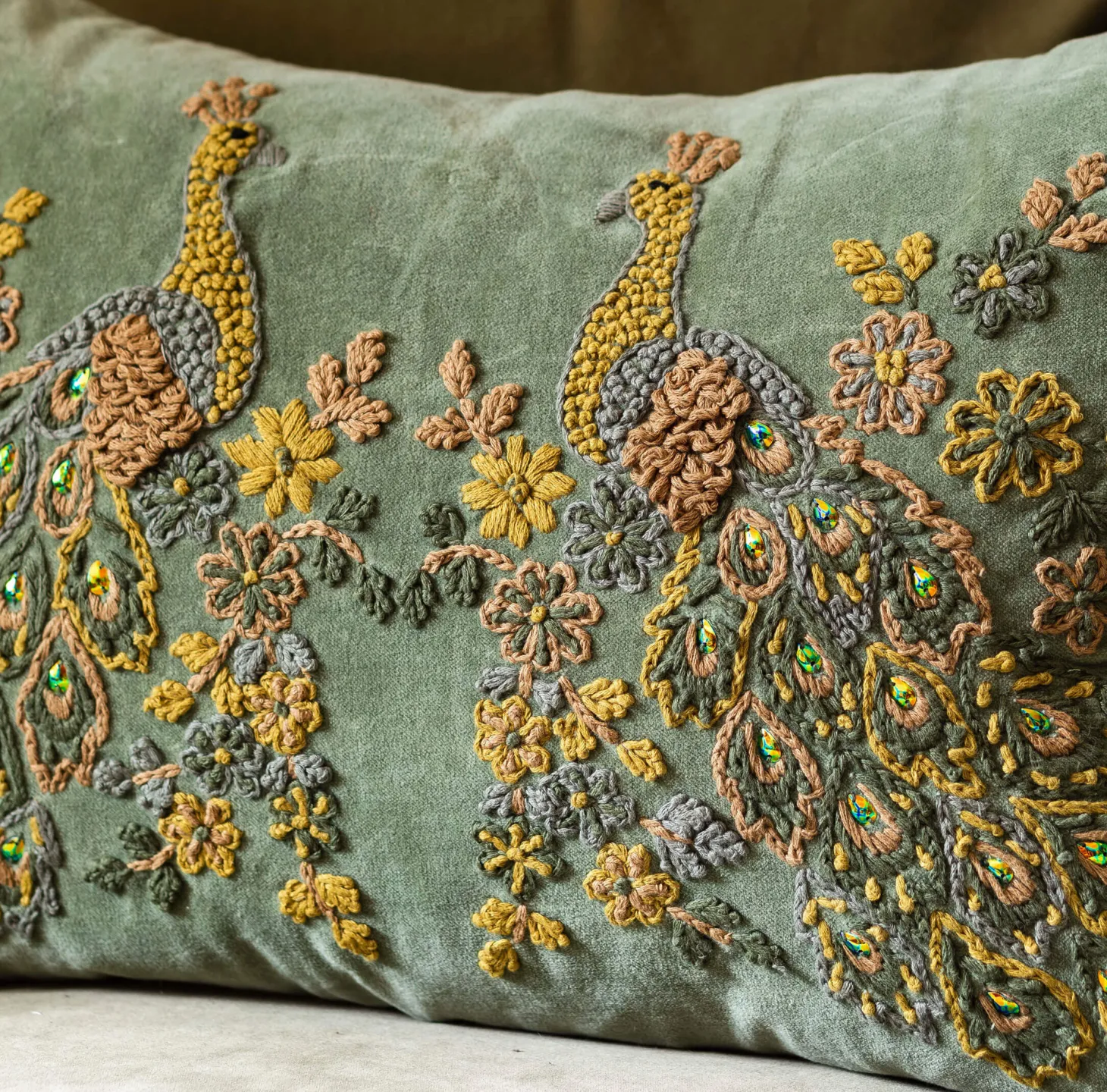 Peacock Embroidered Velvet Rectangular Cushion