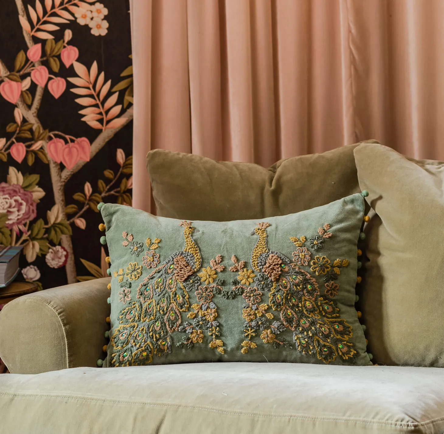 Peacock Embroidered Velvet Rectangular Cushion