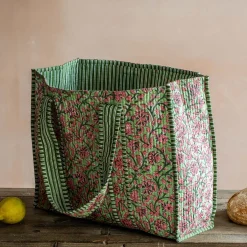 Pink & Green Floral Cotton Tote Bag