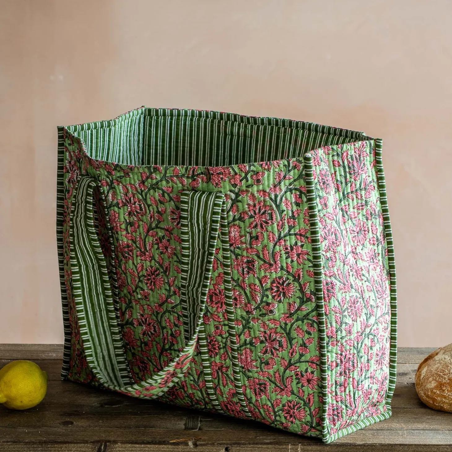 Pink & Green Floral Cotton Tote Bag
