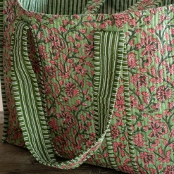 Pink & Green Floral Cotton Tote Bag