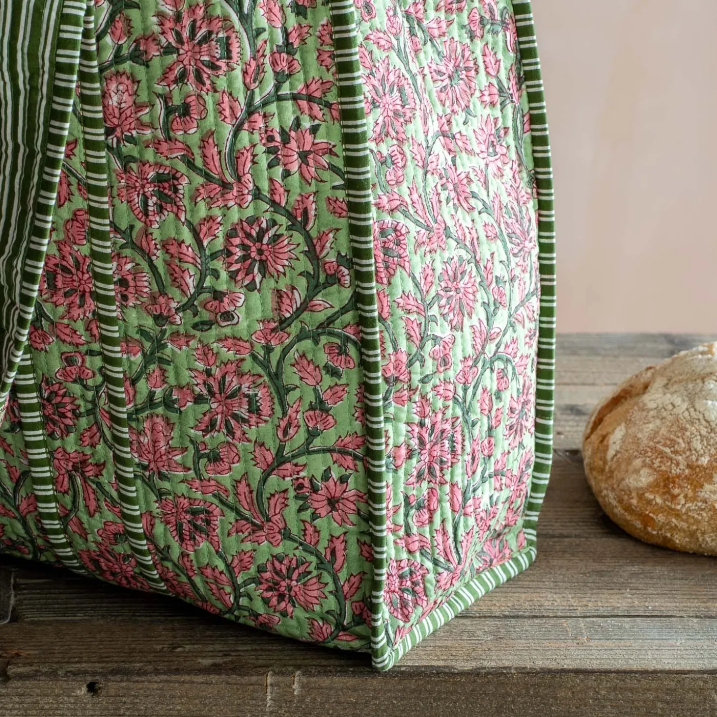 Pink & Green Floral Cotton Tote Bag
