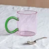 Pink Glass Mug with Green Handle