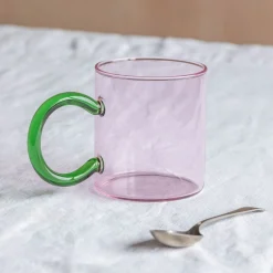 Pink Glass Mug with Green Handle