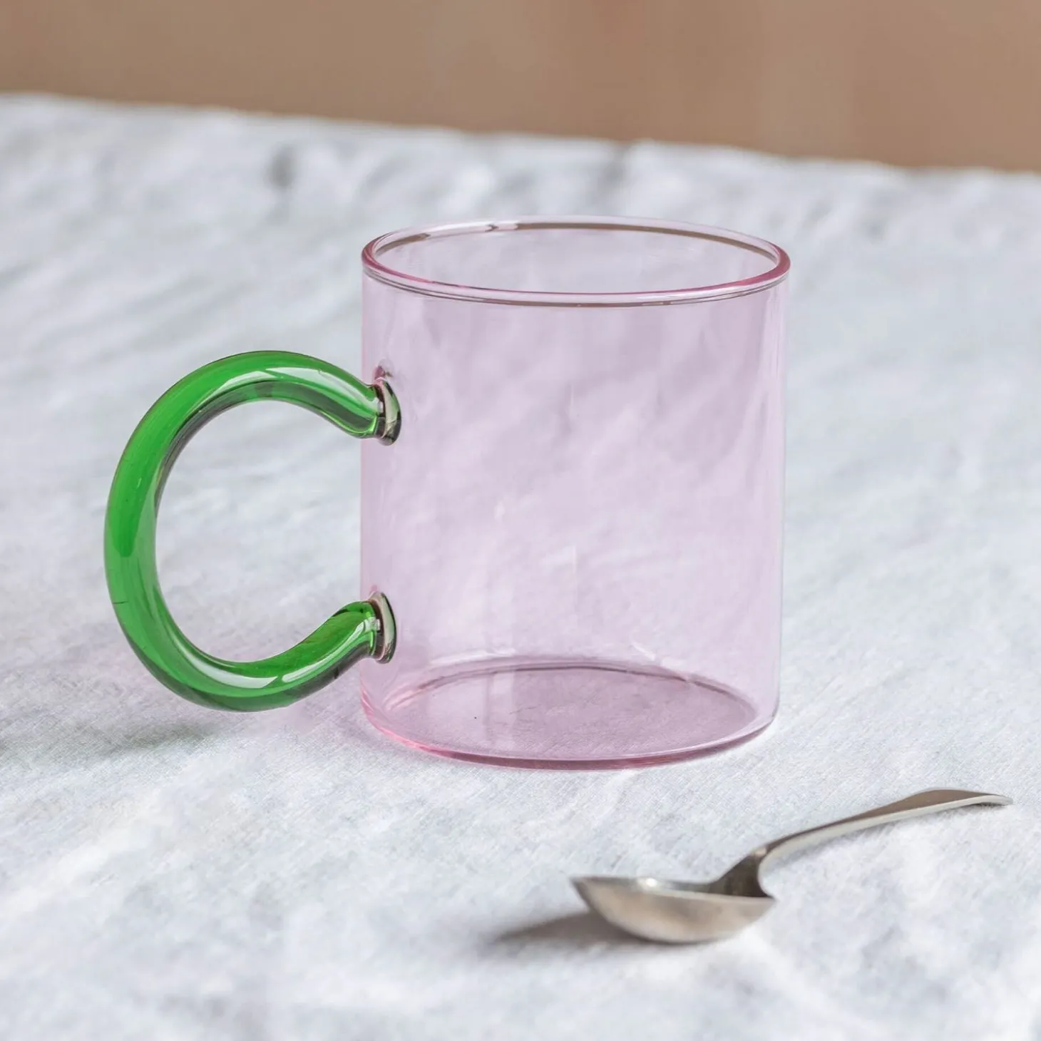 Pink Glass Mug with Green Handle