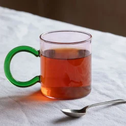 Pink Glass Mug with Green Handle