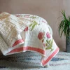 Pink Pavot Flower Block Printed King Size Quilt
