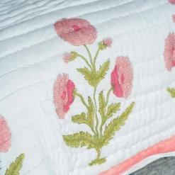 Pink Pavot Flower Block Printed King Size Quilt