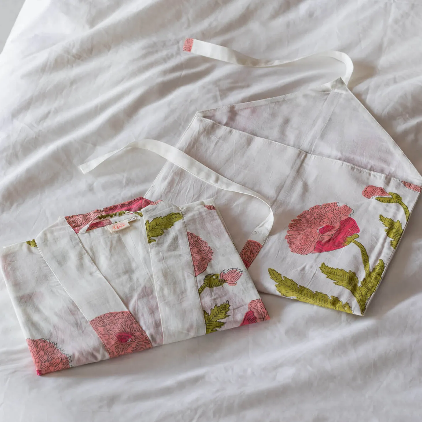 Pink Pavot Flower Block Printed Dressing Gowns