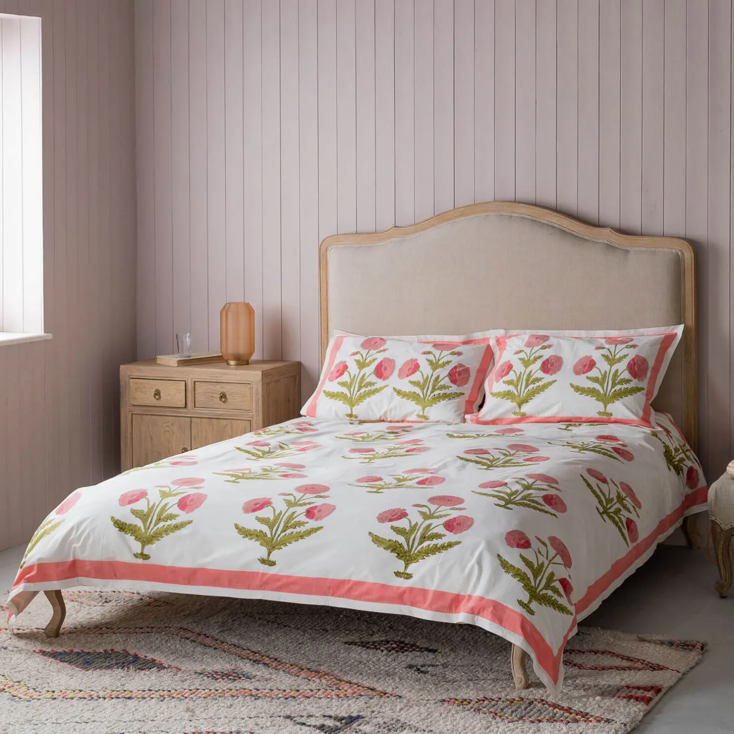 Pink Pavot Flower Block Printed King Size Duvet Cover Set