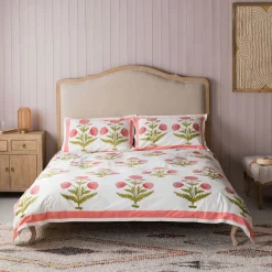 Pink Pavot Flower Block Printed King Size Duvet Cover Set