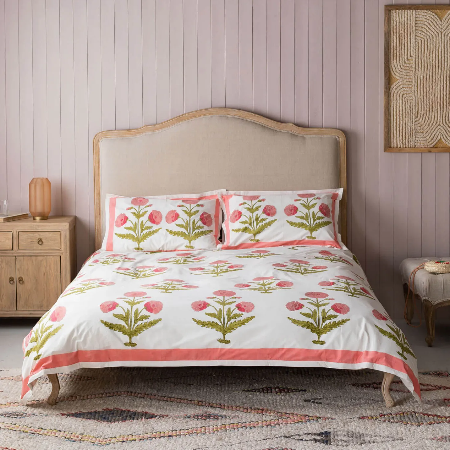 Pink Pavot Flower Block Printed King Size Duvet Cover Set