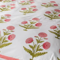 Pink Pavot Flower Block Printed King Size Duvet Cover Set