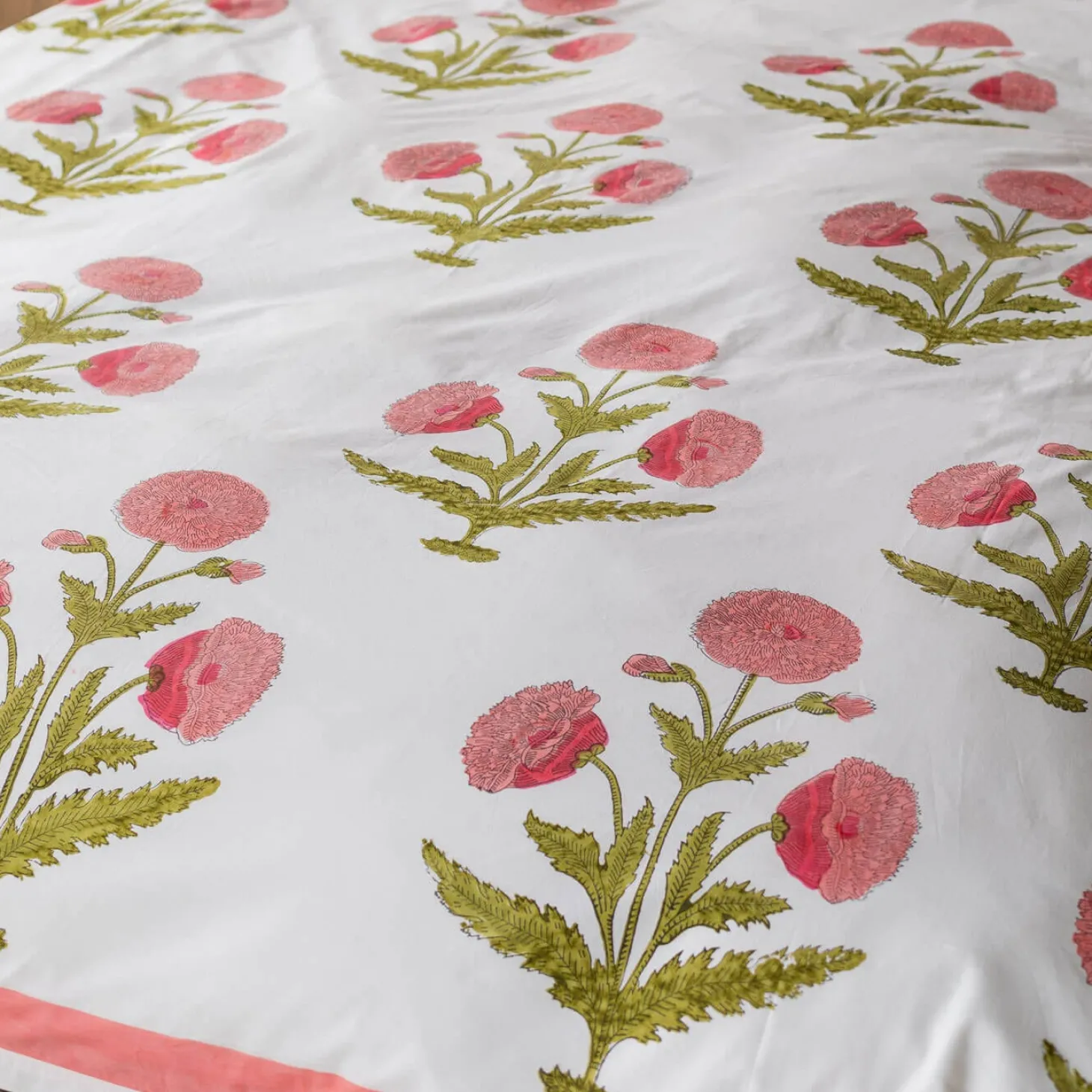 Pink Pavot Flower Block Printed King Size Duvet Cover Set