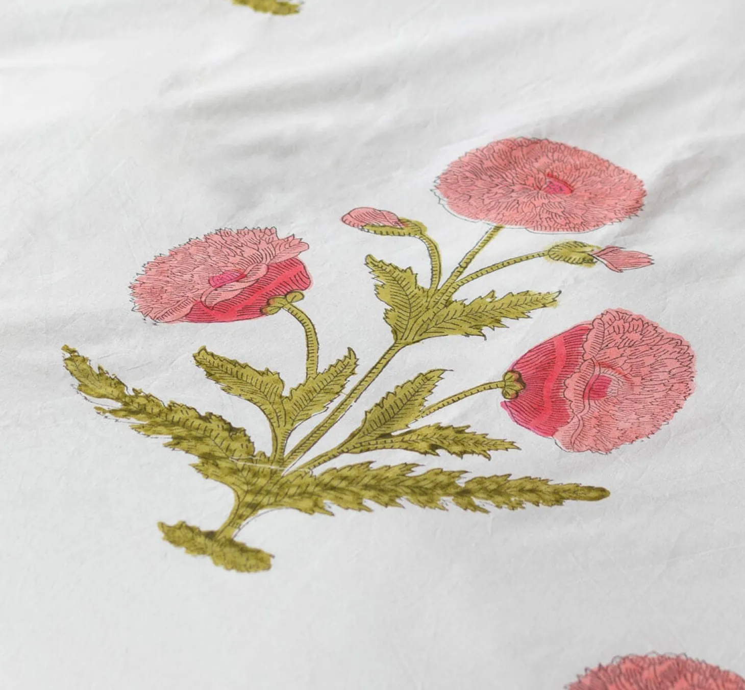 Pink Pavot Flower Block Printed King Size Duvet Cover Set