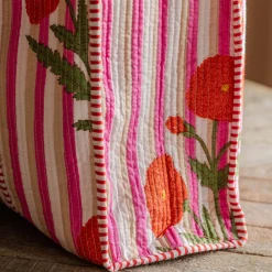 Pink Stripe and Floral Cotton Tote Bag