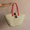 Red Leather and Natural Woven Palm Shopper Bag