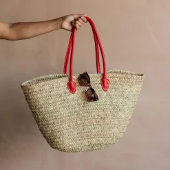 Red Leather and Natural Woven Palm Shopper Bag